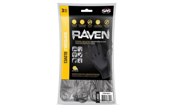 SAS Safety Raven Powder-Free Nitrile Exam Grade Disposable Gloves - 7 Mil - 3PK - XL (XL)